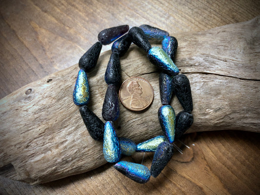 Czech Matte Seaglass Drops - 19mm x 8mm - Aurora Borealis