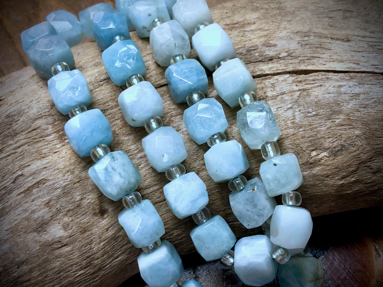Aquamarine Faceted Cube Strand - 8mm