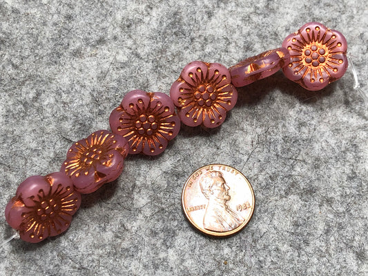 Pink Opal Wild Rose Matted with Bronze Wash Pressed Czech Glass Beads