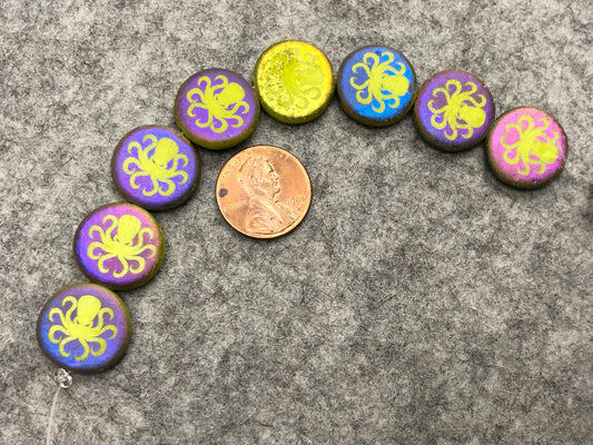 Etched Chartreuse Czech Glass Coin Bead with Laser Tattoo Octopus and Sliperit Finish