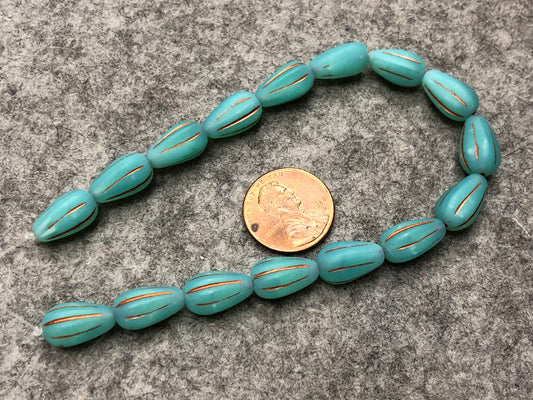 Matte Turquoise Opal Melon Drops with Copper Accents Czech Glass Beads