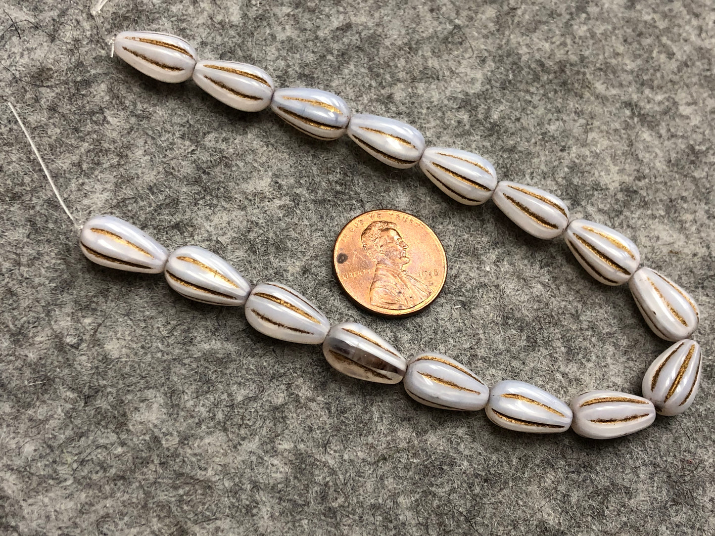 White Opal Melon Drops with Bronze Wash Pressed Czech Glass Beads