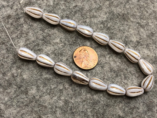 White Opal Melon Drops with Bronze Wash Pressed Czech Glass Beads