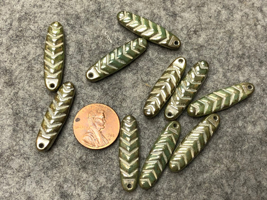 Olive Golden Lustered Picasso /Atq. White Glass Chevron Dagger Czech Glass Beads