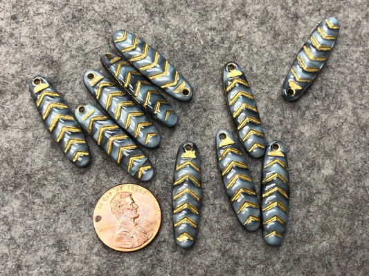 Opaque Light Blue & Black Silky / Gold Wash Glass Chevron Dagger Czech Glass Beads