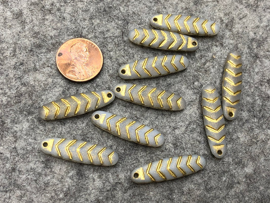 Frosted White Opal Matte Metallic Gold Wash Glass Chevron Dagger Czech Glass Beads