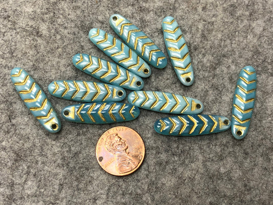 Aqua Blue Opal Silk / Gold Wash Glass Chevron Dagger Czech Glass Beads