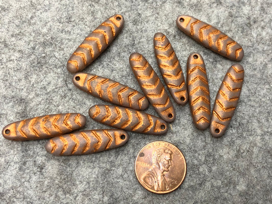 Frosted Mauve Lustered Metallic Copper Wash Glass Chevron Dagger Czech Glass Beads