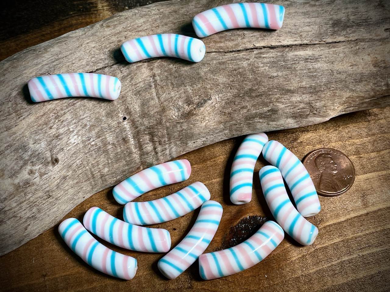 Vintage Japanese Glass—Aqua, Pink, & White Macaroni Glass Bead—30mm x 8mm