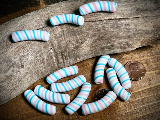 Vintage Japanese Glass—Aqua, Pink, & White Macaroni Glass Bead—30mm x 8mm