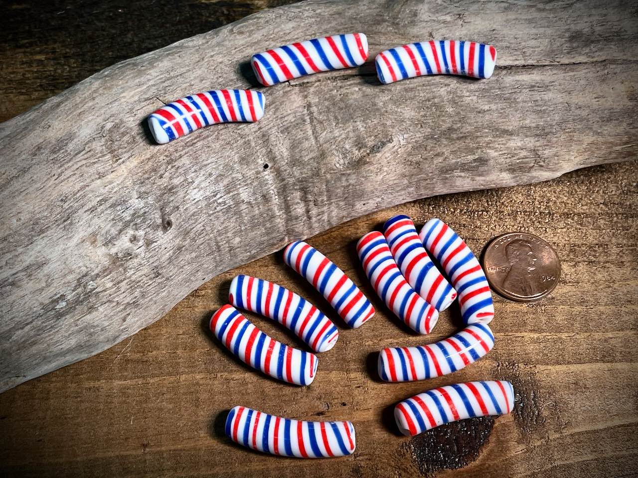 Vintage Japanese Glass—Red, Blue, & White Macaroni Glass Bead—30mm x 8mm