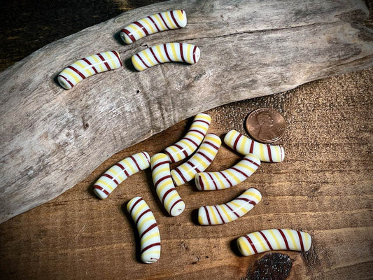 Vintage Japanese Glass—Yellow, Brown, & White Macaroni Glass Bead—30mm x 8mm