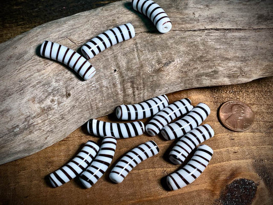 Vintage Japanese Glass—Brown & White Macaroni Glass Bead—30mm x 8mm