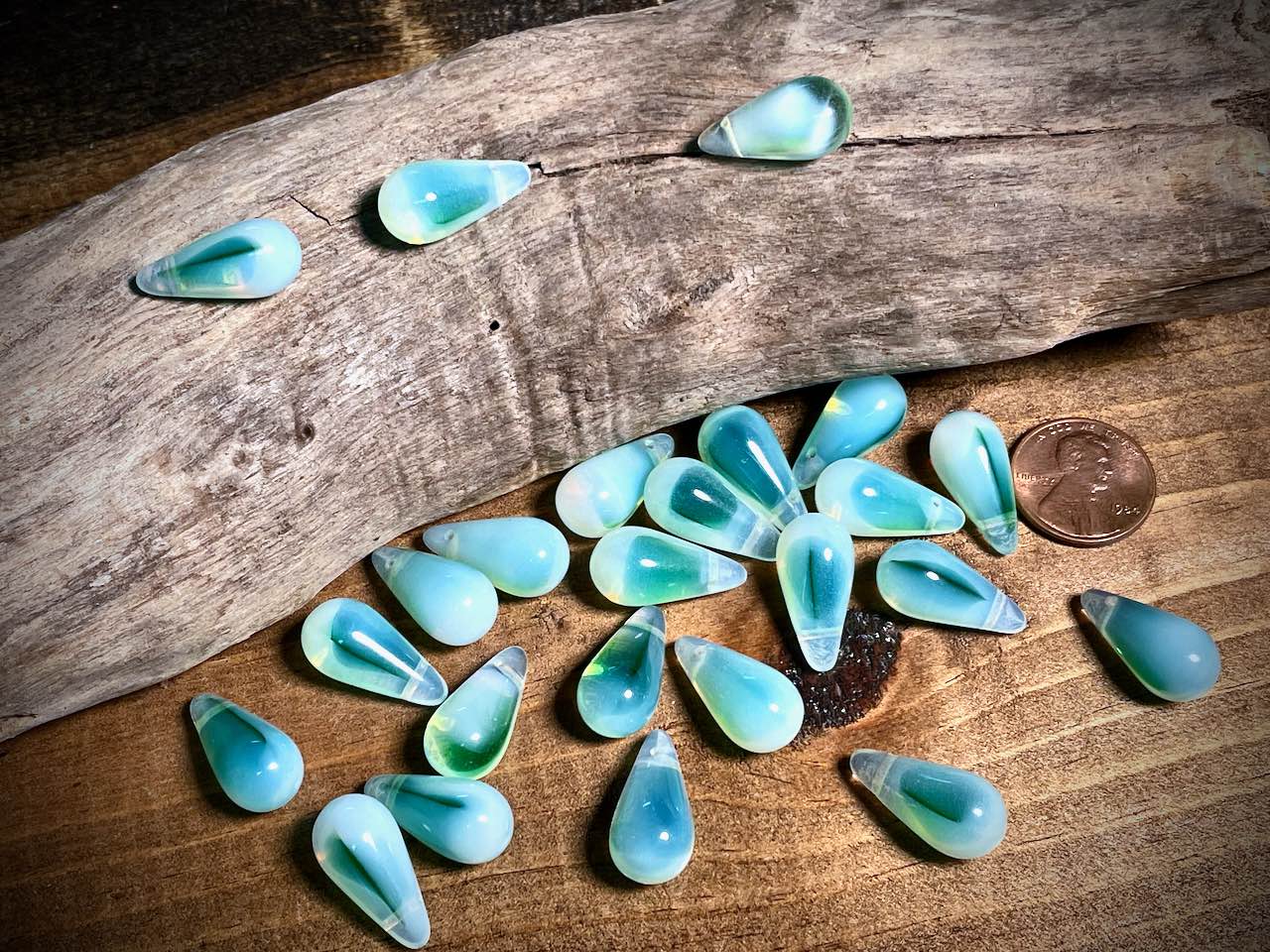 Vintage Austrian Glass—Green & White Opal Drop Glass Bead—20mm x 10mm