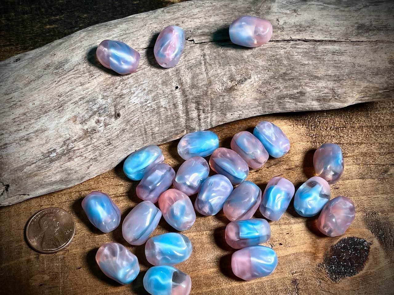 Vintage Austrian Glass—Blue & Pink Irregular Oval Glass Bead—18mm x 13mm