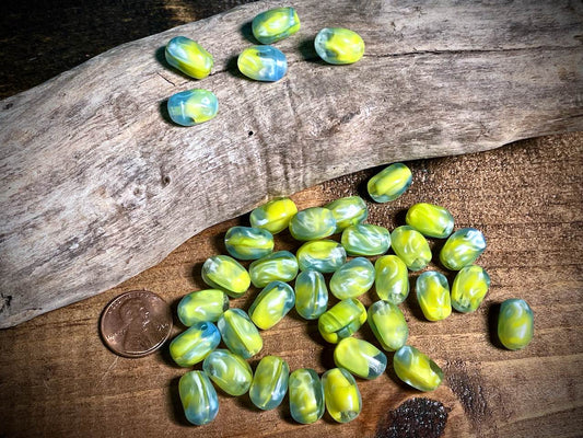 Vintage Austrian Glass—Yellow & Blue Irregular Oval Glass Bead—14mm x 10mm