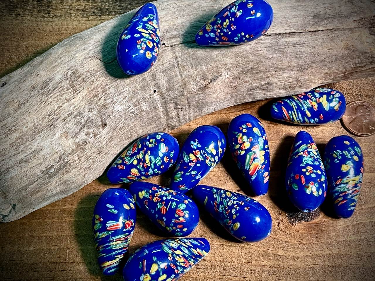 Vintage Japanese Glass—Blue Pear Glass Bead—36mm x 18mm