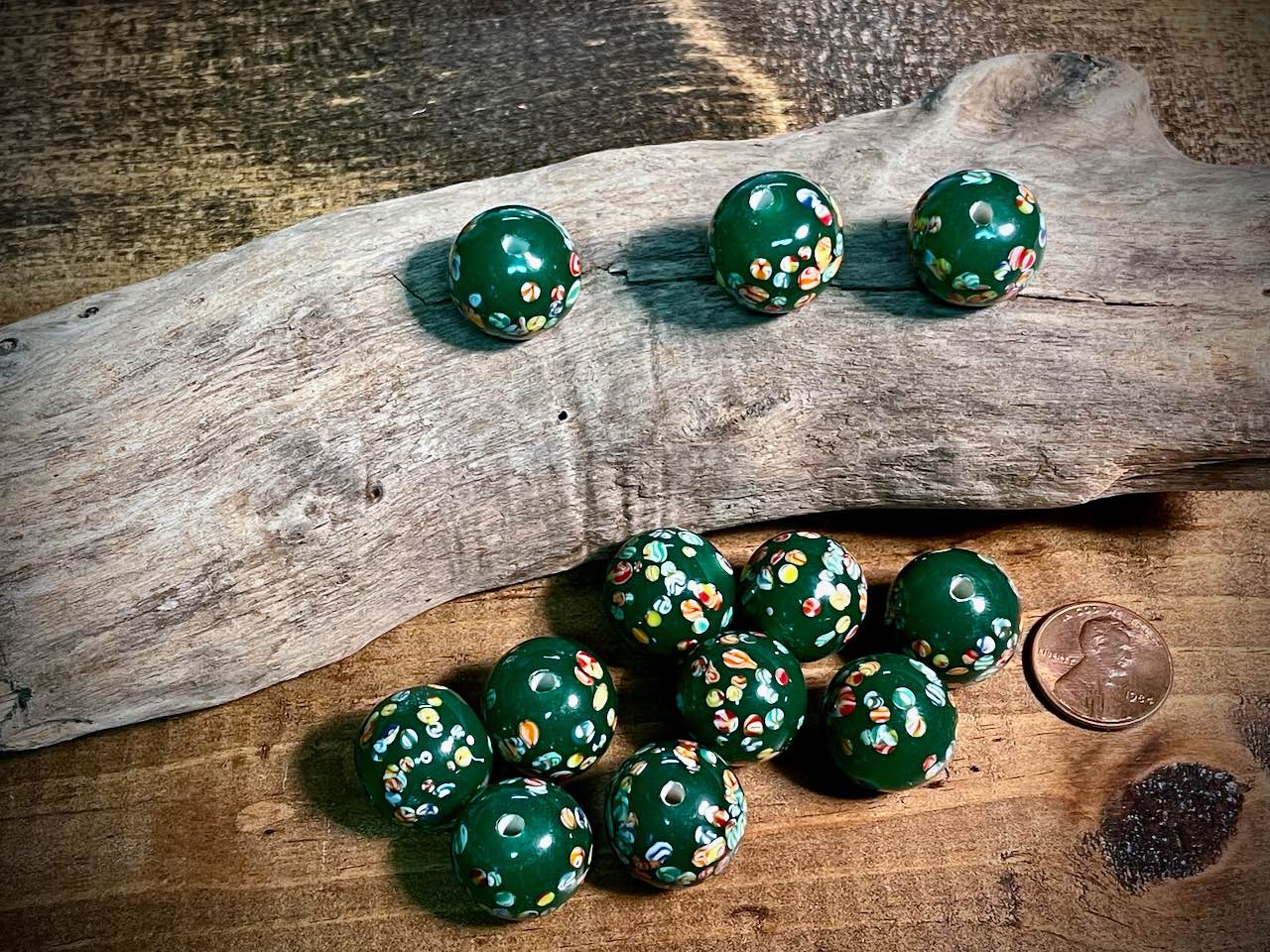 Vintage Japanese Glass—Green Round Glass Bead—18mm