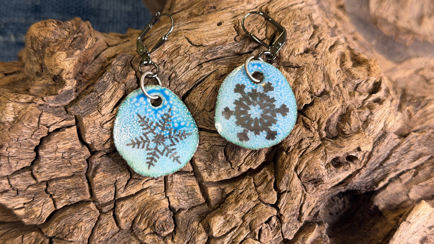 Asymmetrical Snowflake Enamel Earrings by Andrew Thornton