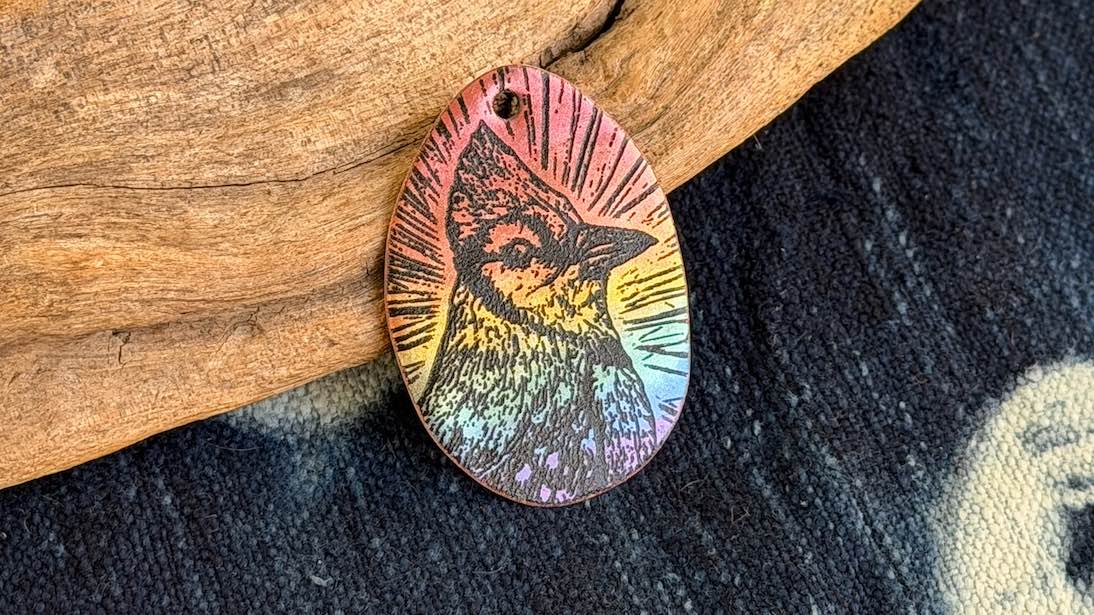 Rainbow Laser-Etched Enamel Pendant by Andrew Thornton