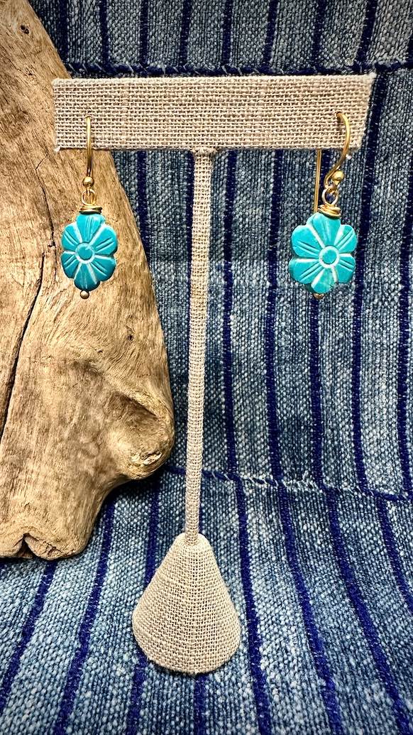 Hand-Carved Turquoise Flower Earrings by Andrew Thornton