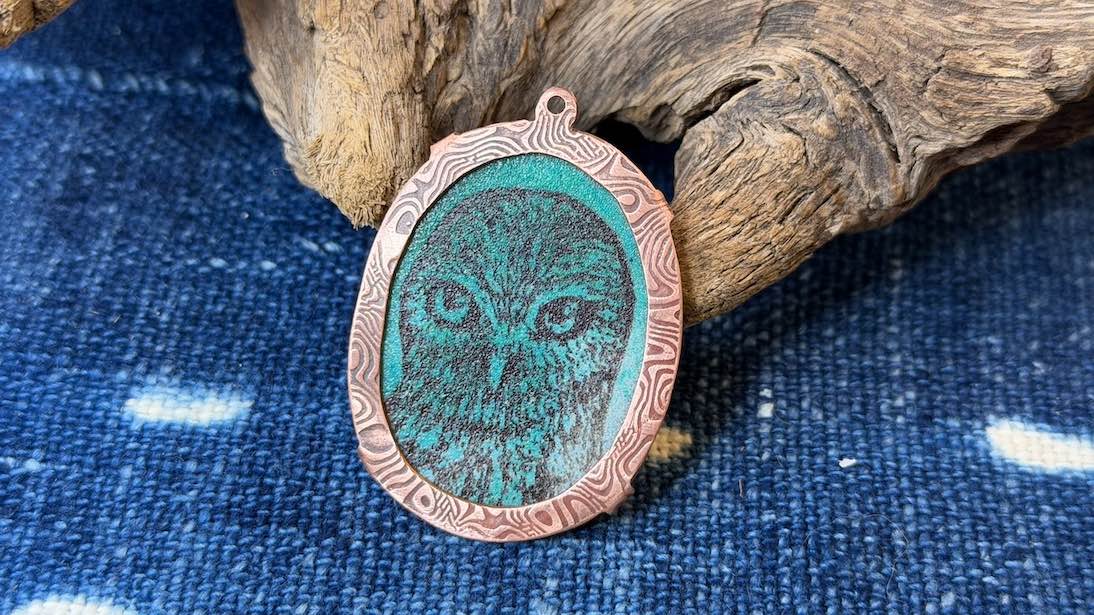 Laser-Etched Enamel Pendant with Copper Bezel by Andrew Thornton