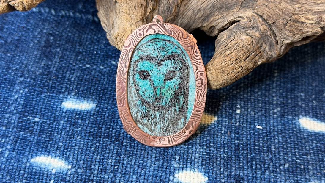 Laser-Etched Enamel Pendant with Copper Bezel by Andrew Thornton
