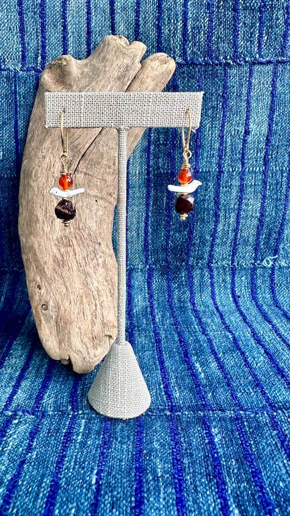 Garnet, Carnelian, and Hand-Carved Shell Earrings by Andrew Thornton