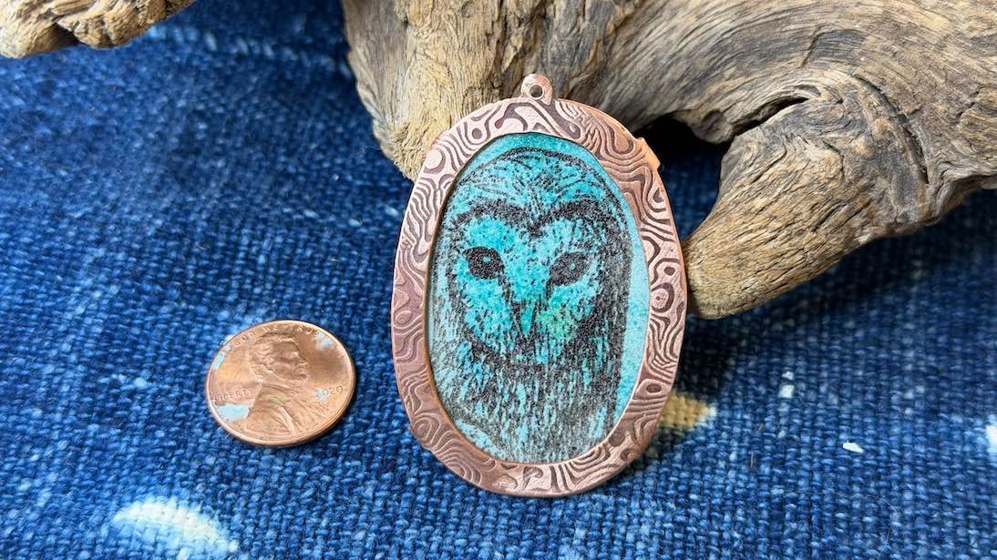 Laser-Etched Enamel Pendant with Copper Bezel by Andrew Thornton