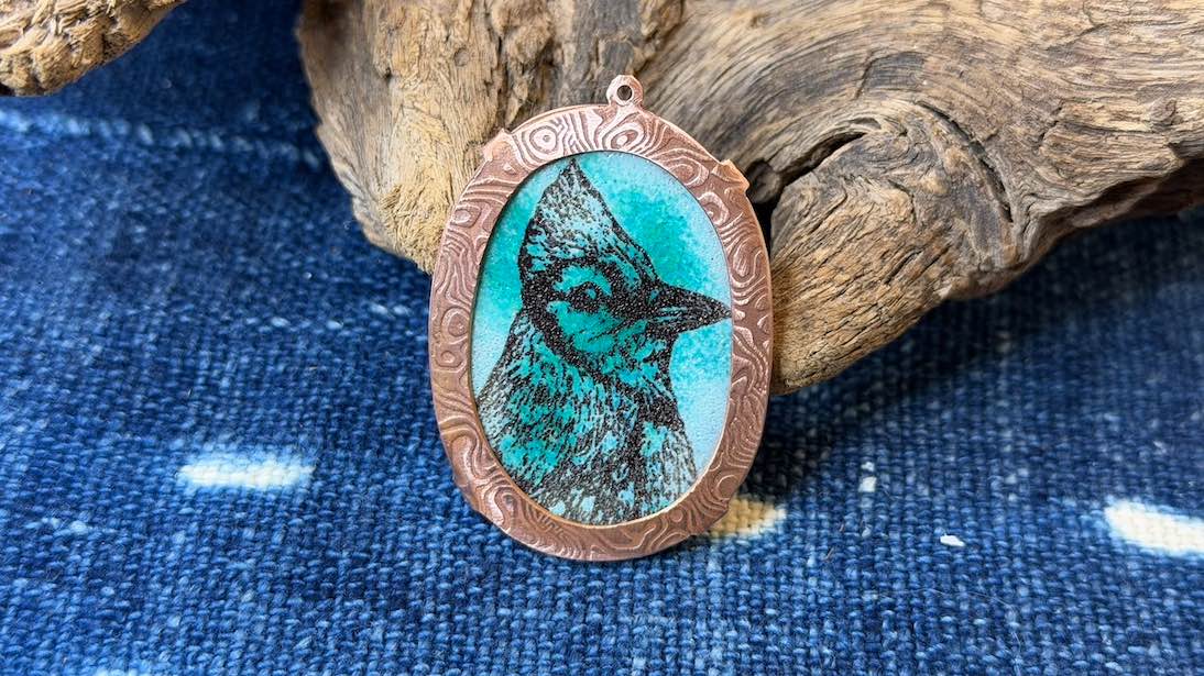 Laser-Etched Enamel Pendant with Copper Bezel by Andrew Thornton