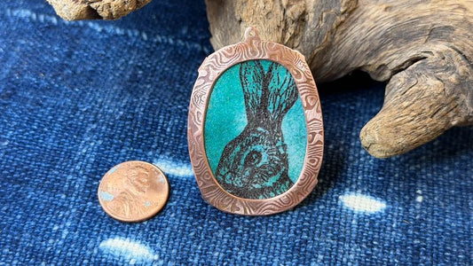 Laser-Etched Enamel Pendant with Copper Bezel by Andrew Thornton