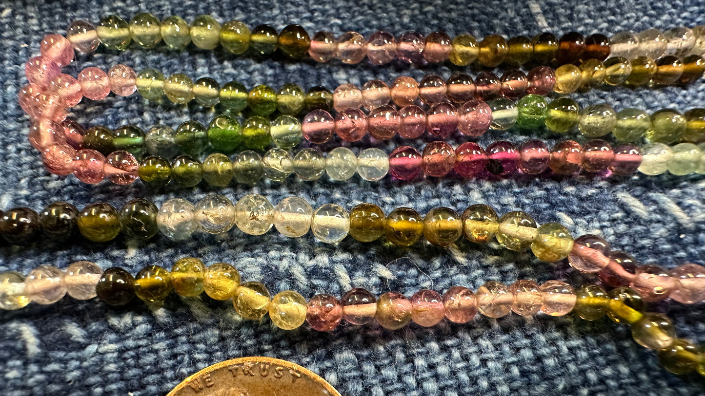 Mixed Tourmaline Bead Strand - Smooth Rounds - 3mm - 13”