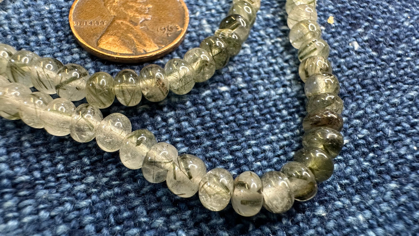 Green Tourmalinated Quartz Bead Strand - Smooth Rondelles - 5mm - 14”