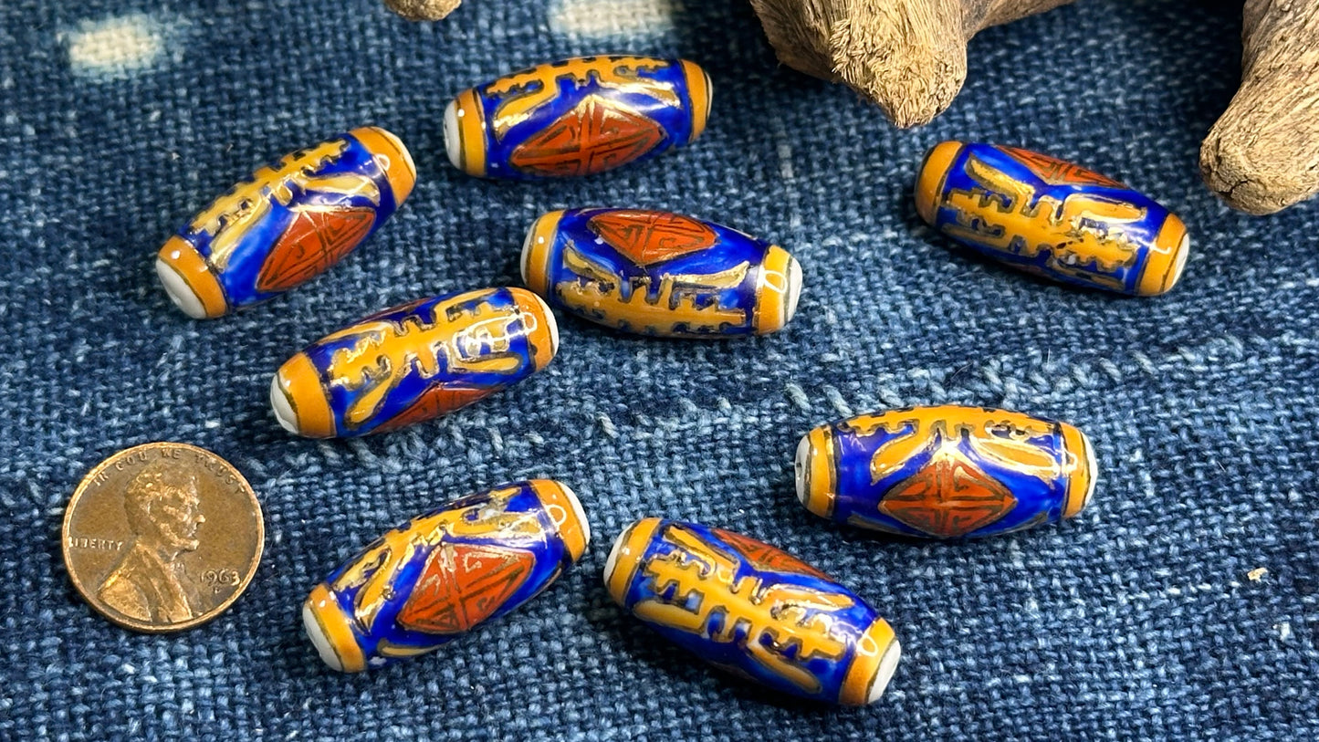 Vintage Chinese Ceramic Bead - Puffy Tube - 12mm x 27mm