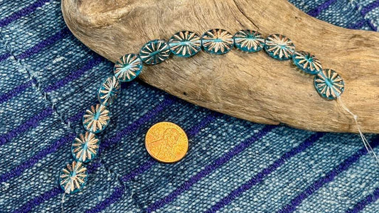 Czech Glass - Oval - Transparent Capri Blue Bead with Copper Sunburst - 14mm x 12mm - 12 Beads