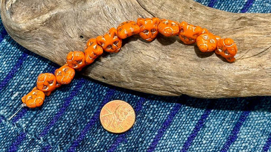 Czech Glass Strand - Pressed Glass Cat Head - Opaque Orange Bead With Bronze Wash - 11mm - 12 Beads