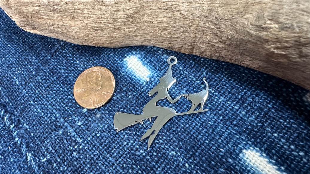 Stainless Steel Charm/Pendant - 39.5mm x 35mm - Witch on Broom with Cat