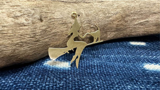Gold Plated Stainless Steel Charm/Pendant - 39.5mm x 35mm - Witch on Broom with Cat