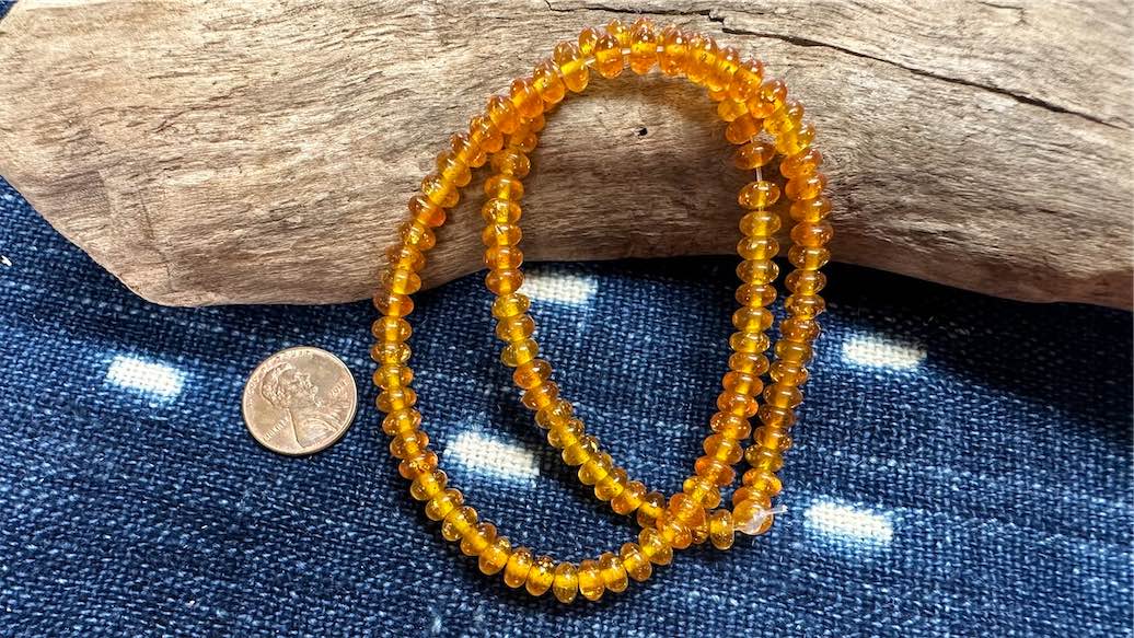 Acrylic Rondelle Bead Strand - 6mm x 4mm - Faux Amber with Gold Glitter - 16"