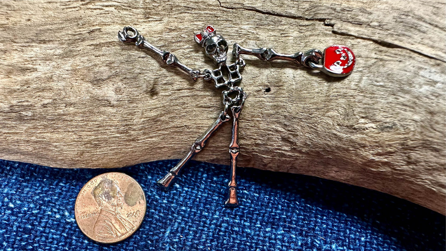 Gun Metal Pewter Charm/Pendant - 50mm - Skeleton with Enameled Bow and Jack-o’-Lantern