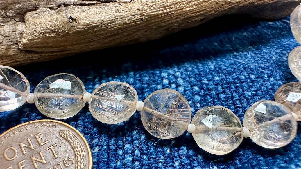 Rutilated Quartz Bead Strand - Faceted Coins - 10mm - 7”