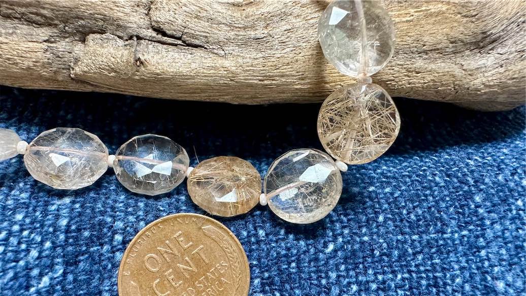 Rutilated Quartz Bead Strand - Faceted Coins - 12mm - 7”