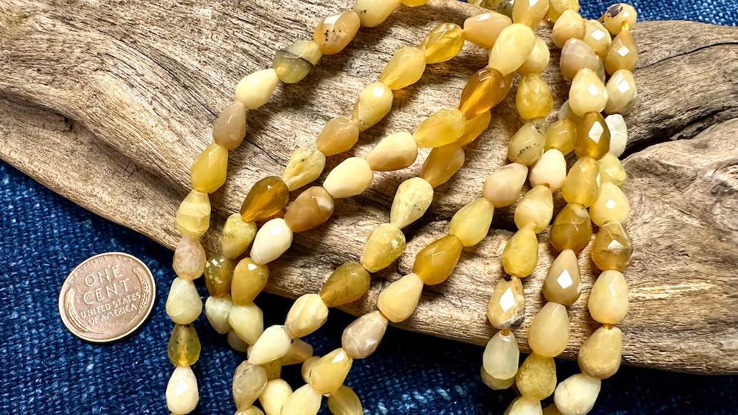 Yellow Opal Bead Strand - Faceted Drops - 8mm x 5mm - 14”
