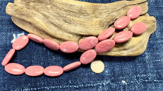 Rhodonite Bead Strand - Smooth Ovals - 25mm x 15mm - 16.5”