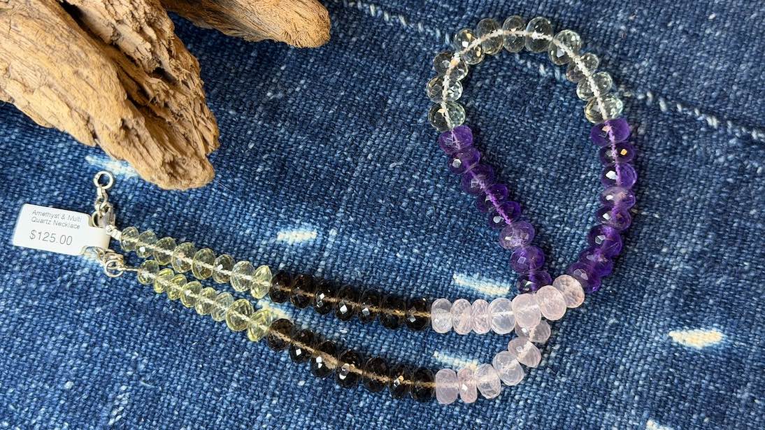 Amethyst, Citrine, Smoky Quartz & Rose Quartz Bead Strand / Necklace - Graduated Faceted Rondelles - 7mm  - 10mm — 18”