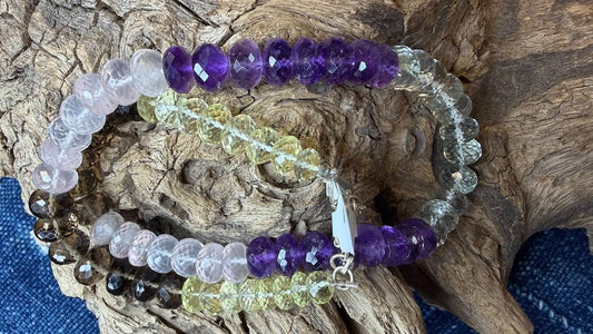 Amethyst, Citrine, Smoky Quartz & Rose Quartz Bead Strand / Necklace - Graduated Faceted Rondelles - 7mm  - 10mm — 18”