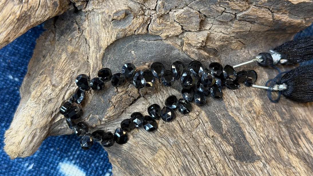 Black Spinel Bead Strand - Faceted Drop - 5mm x 7mm - 6"