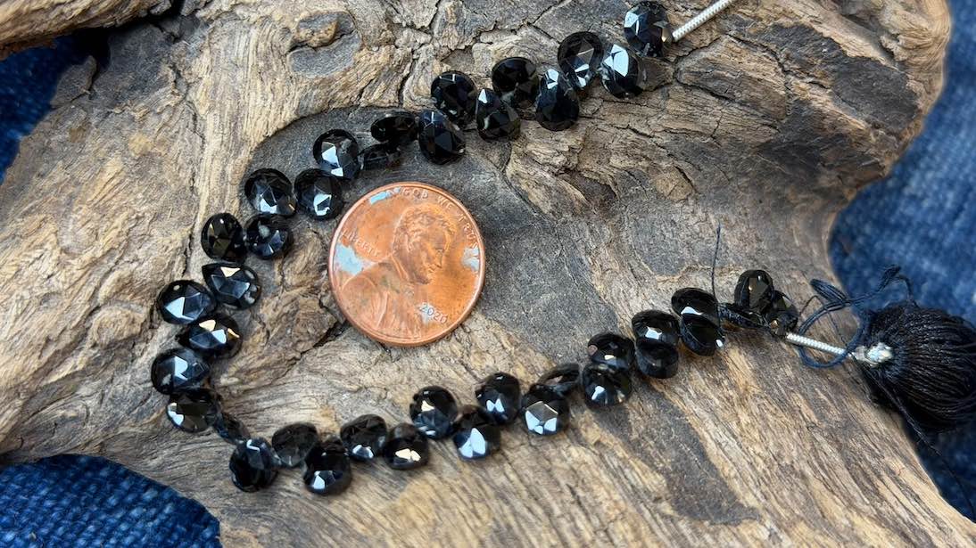 Black Spinel Bead Strand - Faceted Drop - 5mm x 7mm - 6"