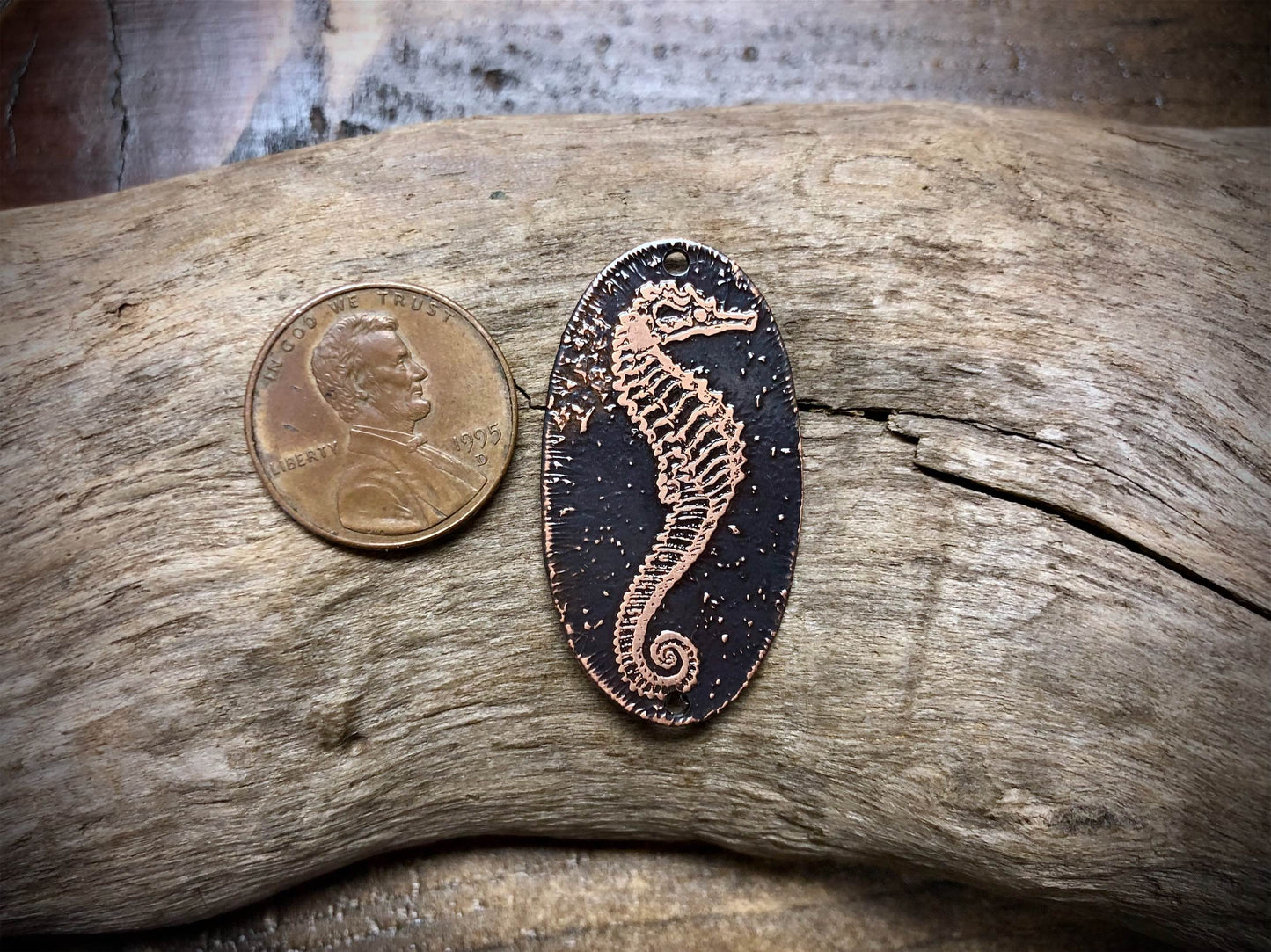 Etched Copper Pendant - Seahorse Fossil