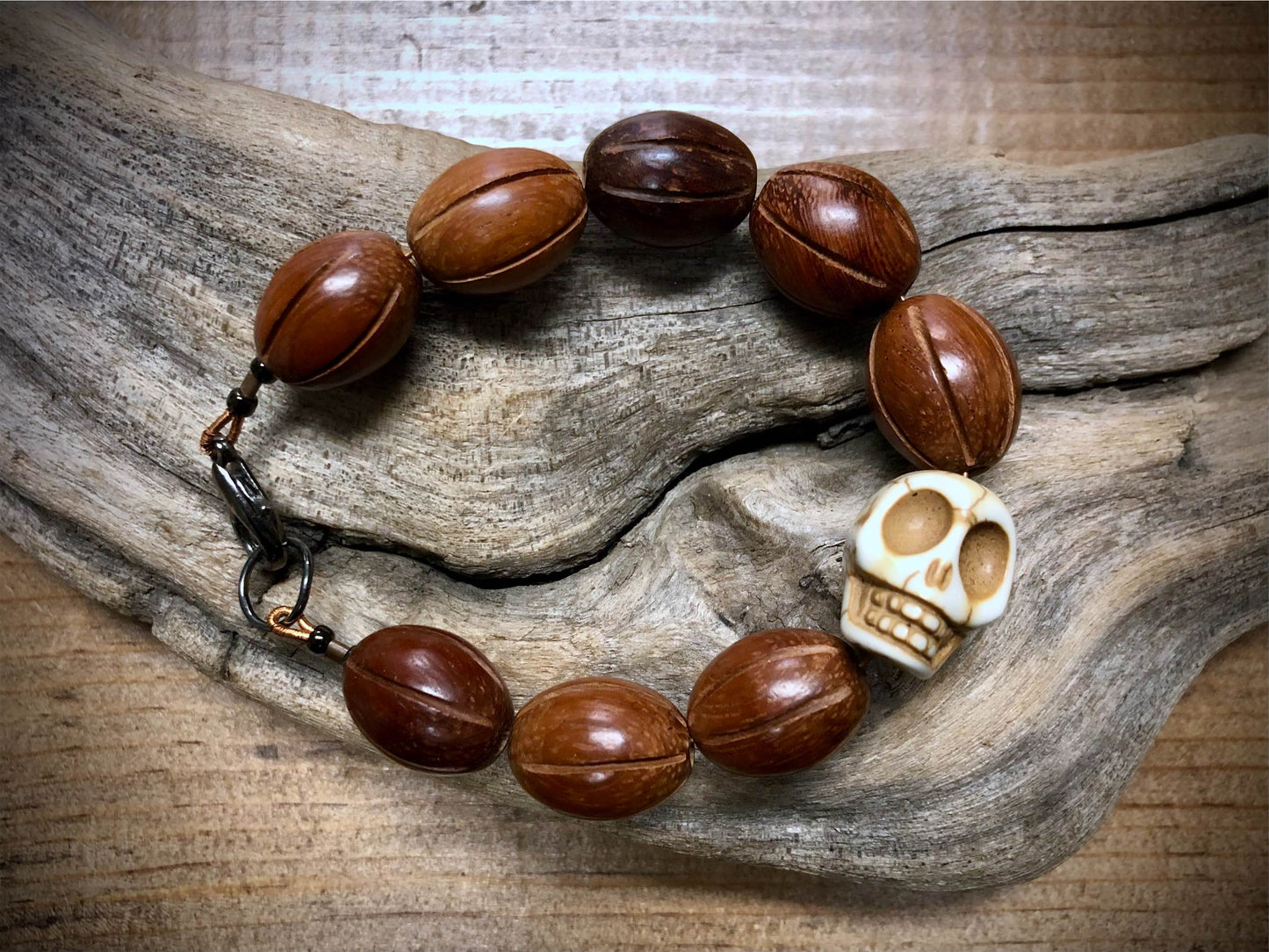 Carved Bone Skull & Bayong Wood Bead Bracelet